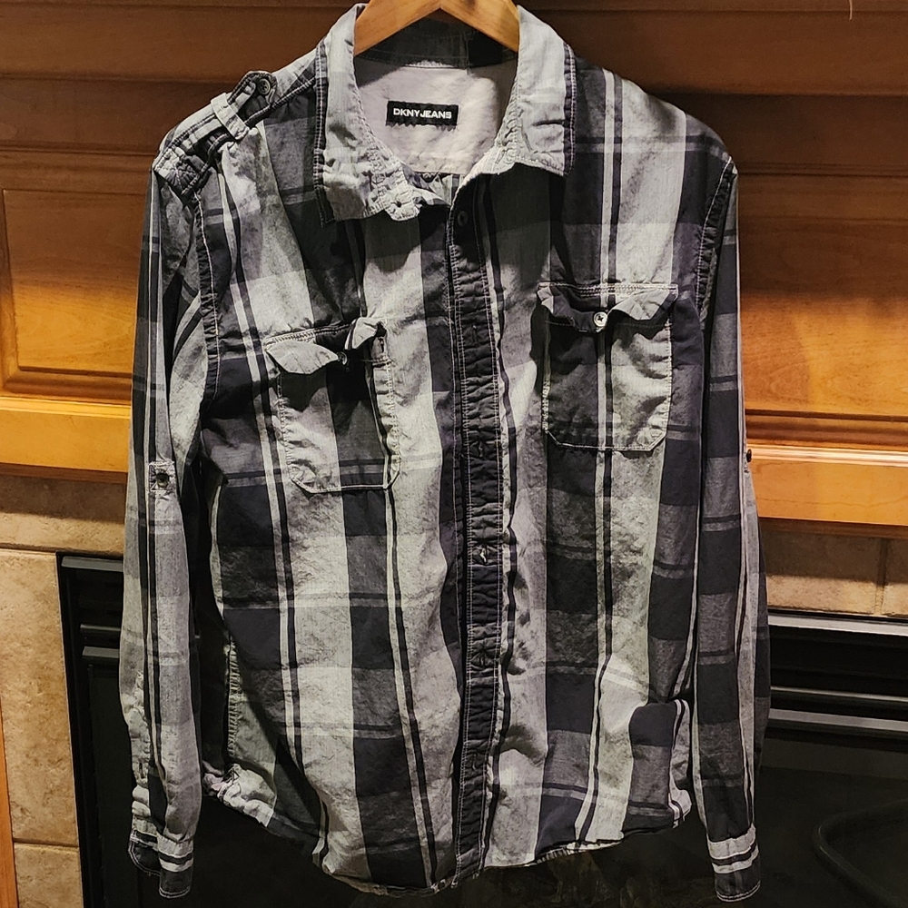 DKNY JEANS Men's XL Plaid Button Up Shirt Black & Grey